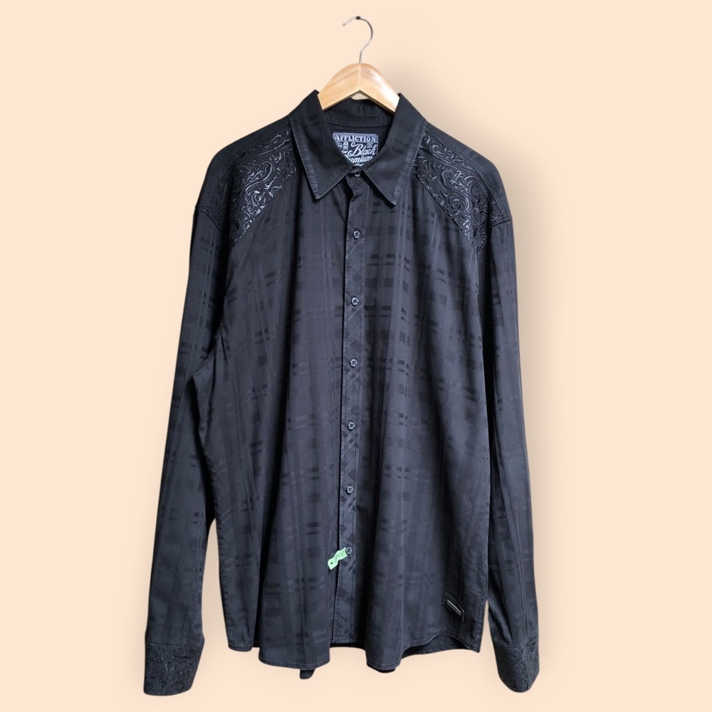 Affliction Black Premium Button Down Embroidered Cross Dress Shirt Black MEN 2XL